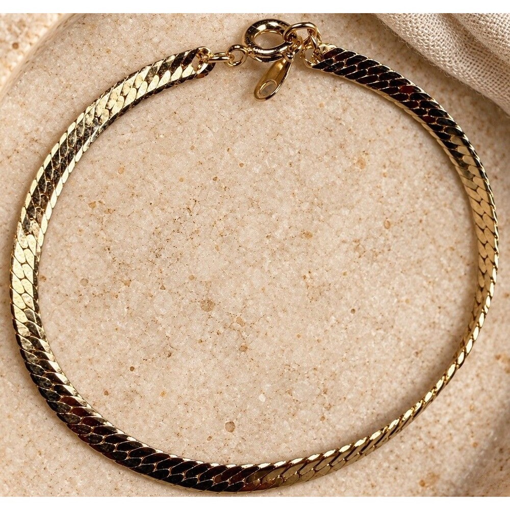 Gold Tone Herringbone Chain Bracelet 7” Flat Link Minimalist Stacking Jewelry